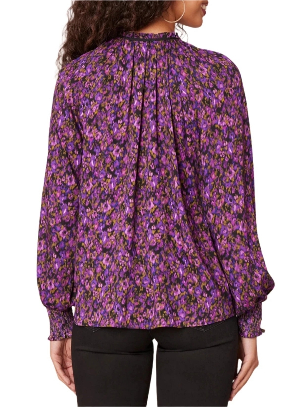 Democracy Womens Ruffle Edge V-Neck Floral Print Woven Long Sleeve Top Purple  L - Picture 3 of 16